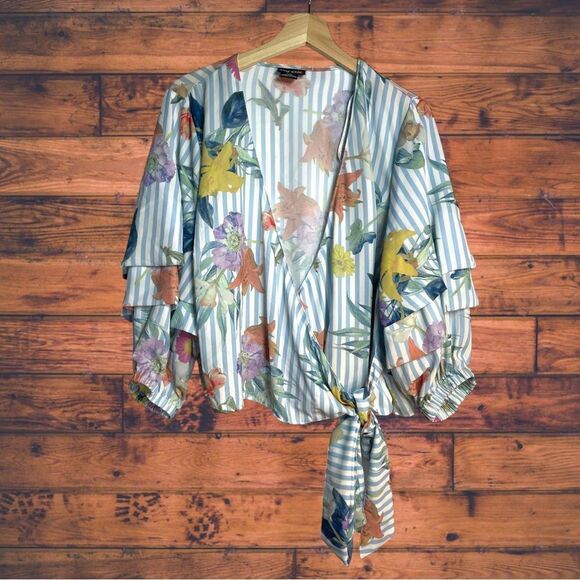 City Chic Vertical Striped Floral Cross Front Blouse Size 16 - Picture 1 of 6